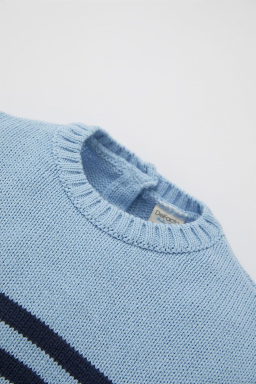 مولود ذكر أزرق طقم صوف ولادي بيبي مخطط بياقة مستديرة من قطعتين