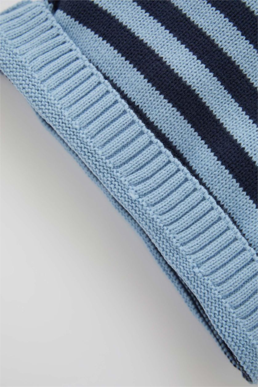 مولود ذكر أزرق طقم صوف ولادي بيبي مخطط بياقة مستديرة من قطعتين