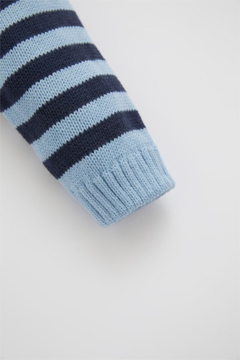 مولود ذكر أزرق طقم صوف ولادي بيبي مخطط بياقة مستديرة من قطعتين