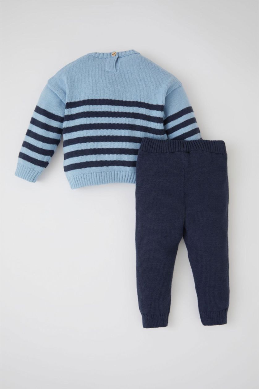 مولود ذكر أزرق طقم صوف ولادي بيبي مخطط بياقة مستديرة من قطعتين