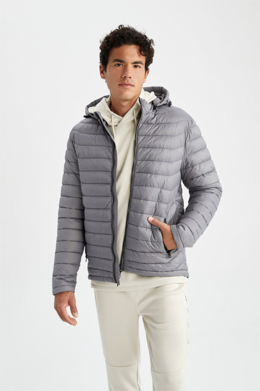 رجال رمادي جاكيت سليم فيت وغطاء للرأس ببطانة صناعية