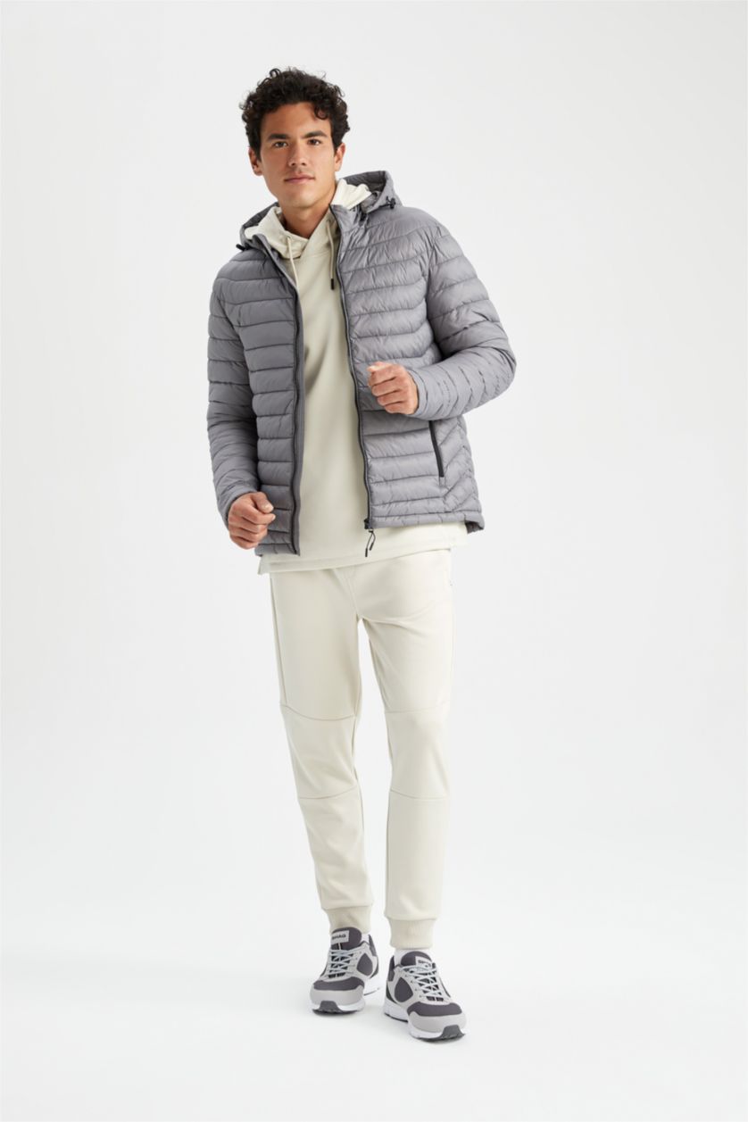 رجال رمادي جاكيت سليم فيت وغطاء للرأس ببطانة صناعية