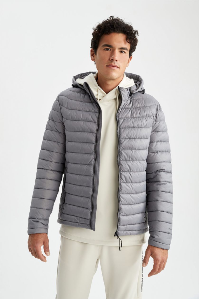 رجال رمادي جاكيت سليم فيت وغطاء للرأس ببطانة صناعية