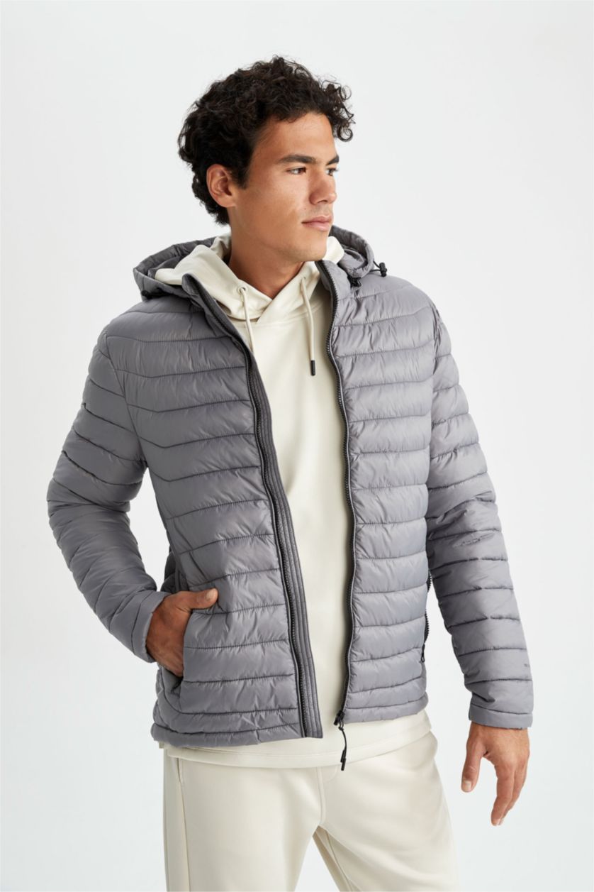 رجال رمادي جاكيت سليم فيت وغطاء للرأس ببطانة صناعية