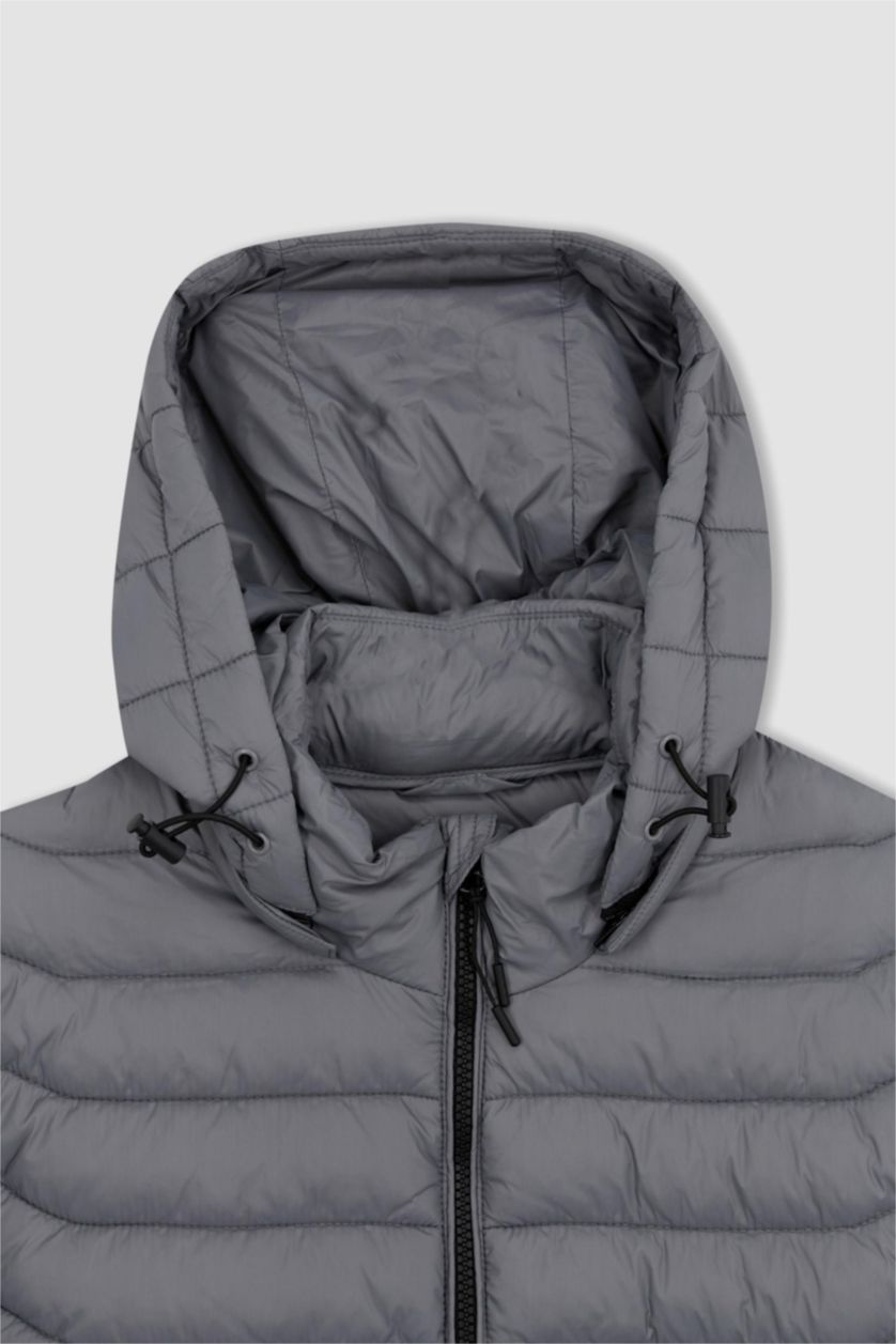 رجال رمادي جاكيت سليم فيت وغطاء للرأس ببطانة صناعية