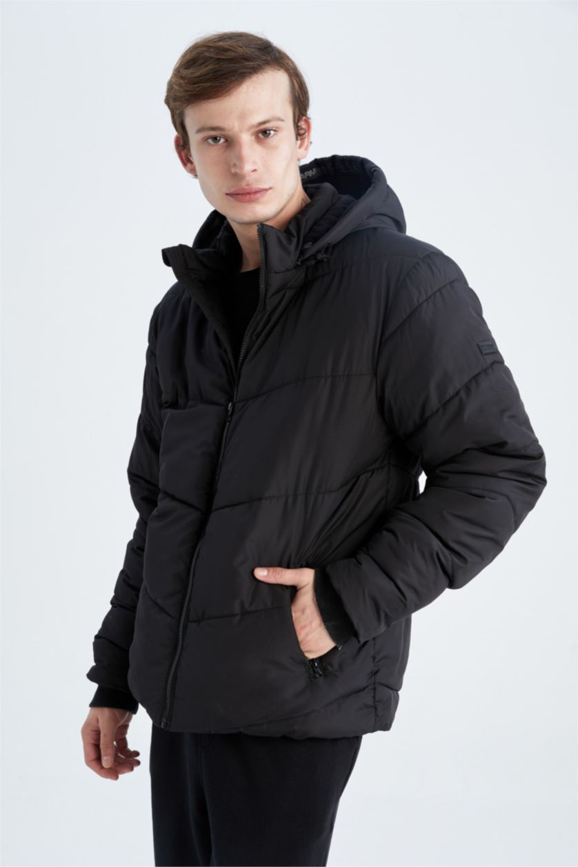 Man Black Windproof Water Repellent Defacto Fit Hooded Fleece Inflatable Jacket