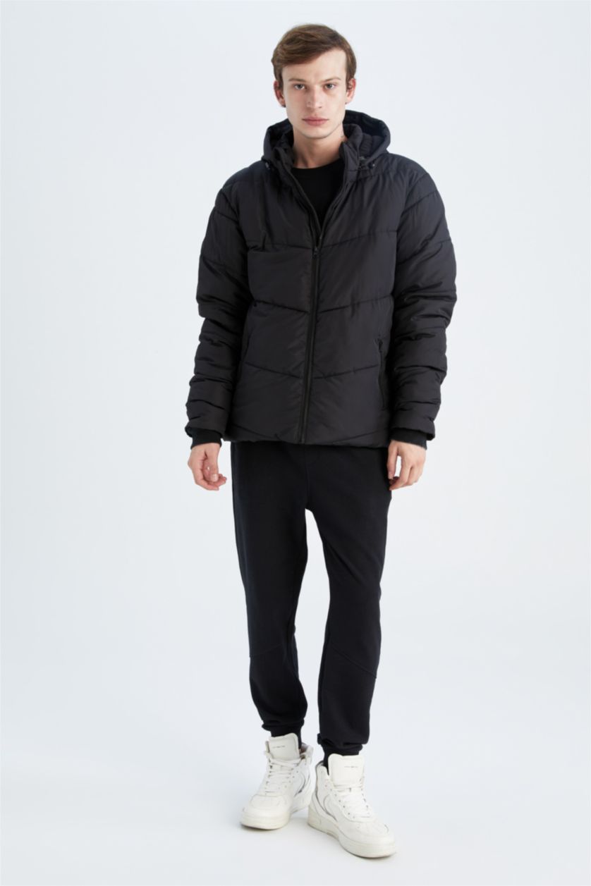 Man Black Windproof Water Repellent Defacto Fit Hooded Fleece Inflatable Jacket