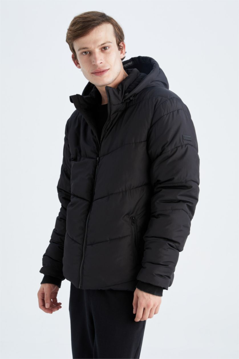 Man Black Windproof Water Repellent Defacto Fit Hooded Fleece Inflatable Jacket