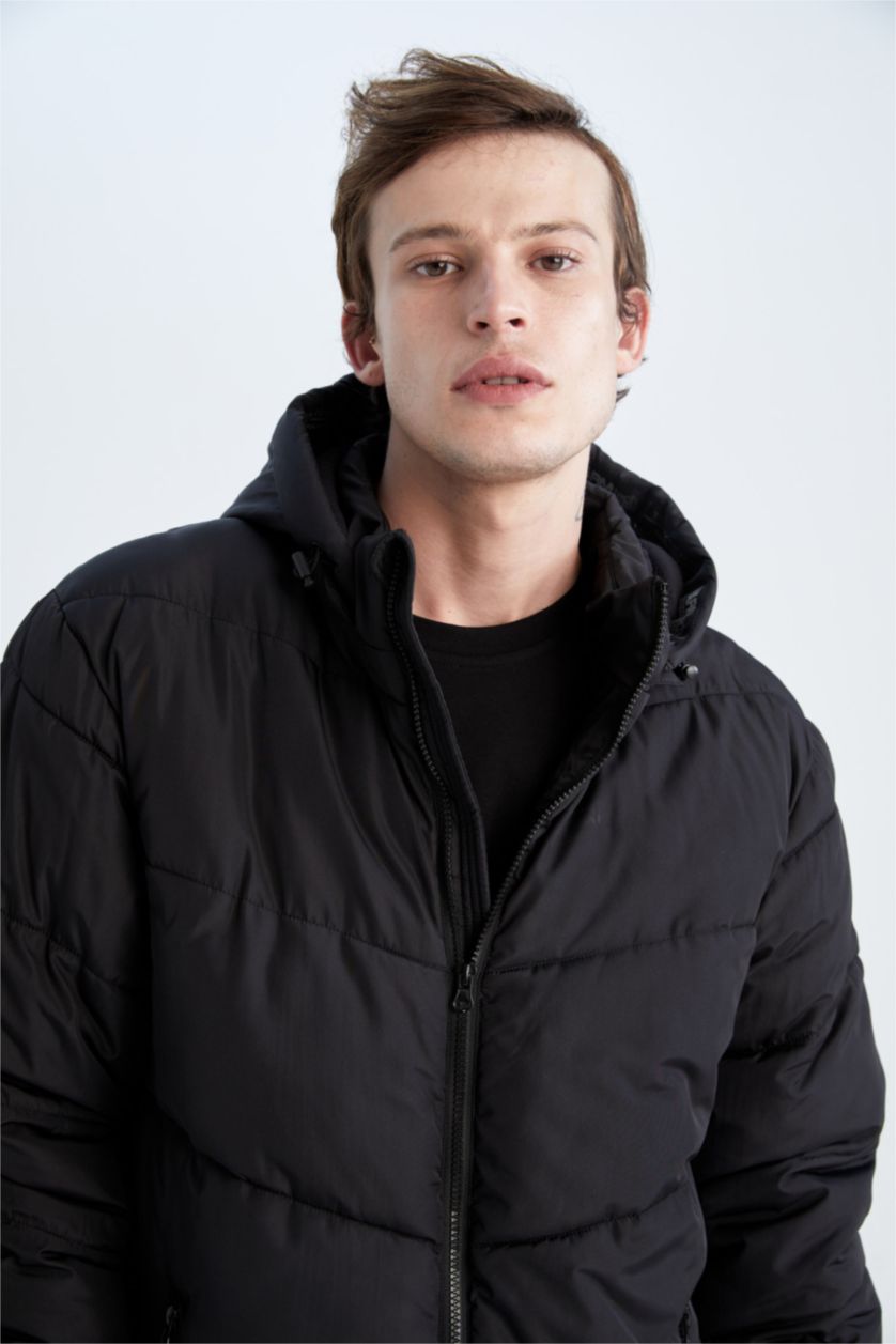 Man Black Windproof Water Repellent Defacto Fit Hooded Fleece Inflatable Jacket