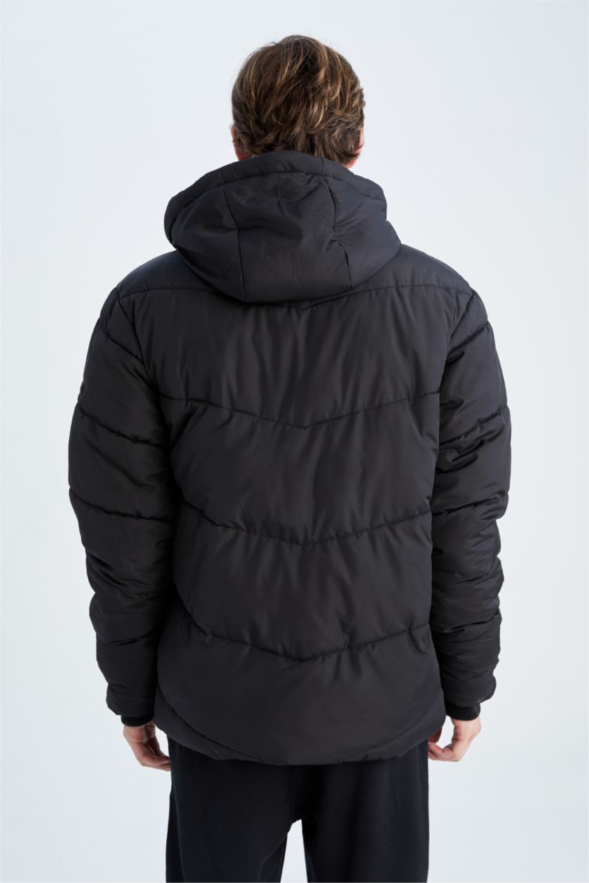 Man Black Windproof Water Repellent Defacto Fit Hooded Fleece Inflatable Jacket