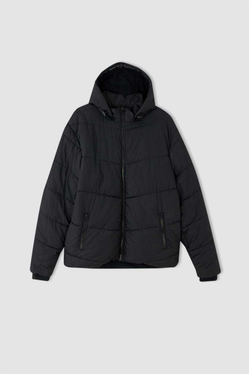 Man Black Windproof Water Repellent Defacto Fit Hooded Fleece Inflatable Jacket