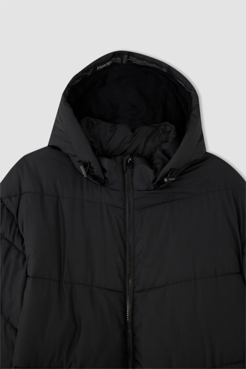 Man Black Windproof Water Repellent Defacto Fit Hooded Fleece Inflatable Jacket