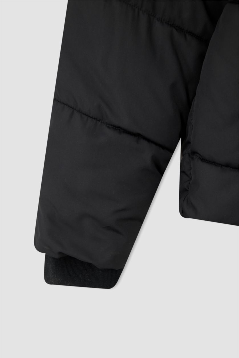 Man Black Windproof Water Repellent Defacto Fit Hooded Fleece Inflatable Jacket