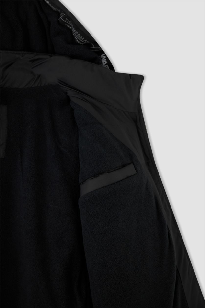 Man Black Windproof Water Repellent Defacto Fit Hooded Fleece Inflatable Jacket