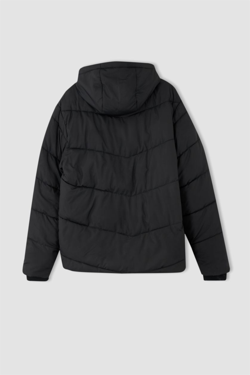 Man Black Windproof Water Repellent Defacto Fit Hooded Fleece Inflatable Jacket