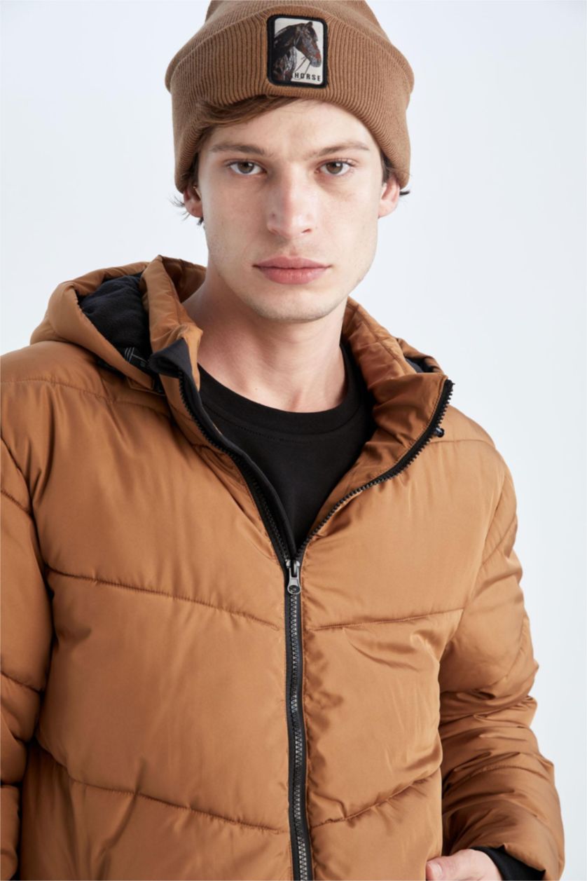 Erkek Camel Rüzgar Geçirmez Su itici DeFactoFit Kapüşonlu İçi Polarlı Şişme Mont