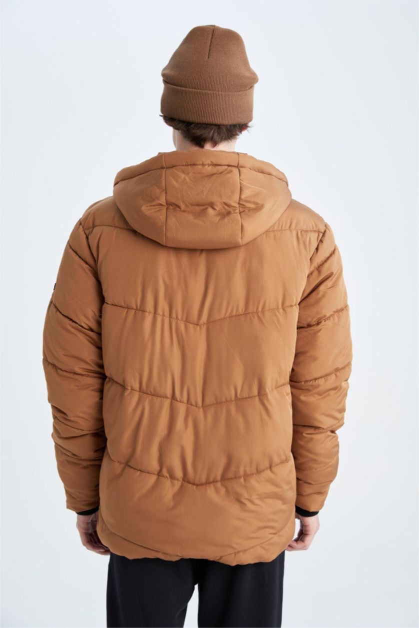 Erkek Camel Rüzgar Geçirmez Su itici DeFactoFit Kapüşonlu İçi Polarlı Şişme Mont