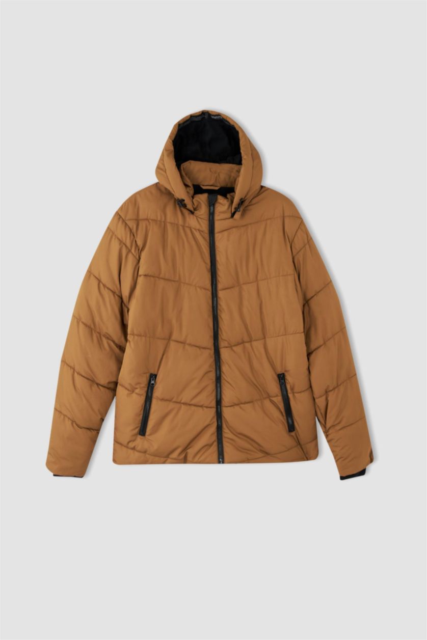 Erkek Camel Rüzgar Geçirmez Su itici DeFactoFit Kapüşonlu İçi Polarlı Şişme Mont