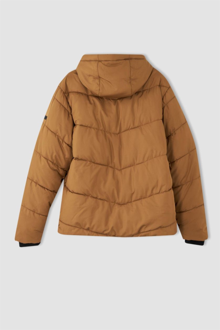 Erkek Camel Rüzgar Geçirmez Su itici DeFactoFit Kapüşonlu İçi Polarlı Şişme Mont