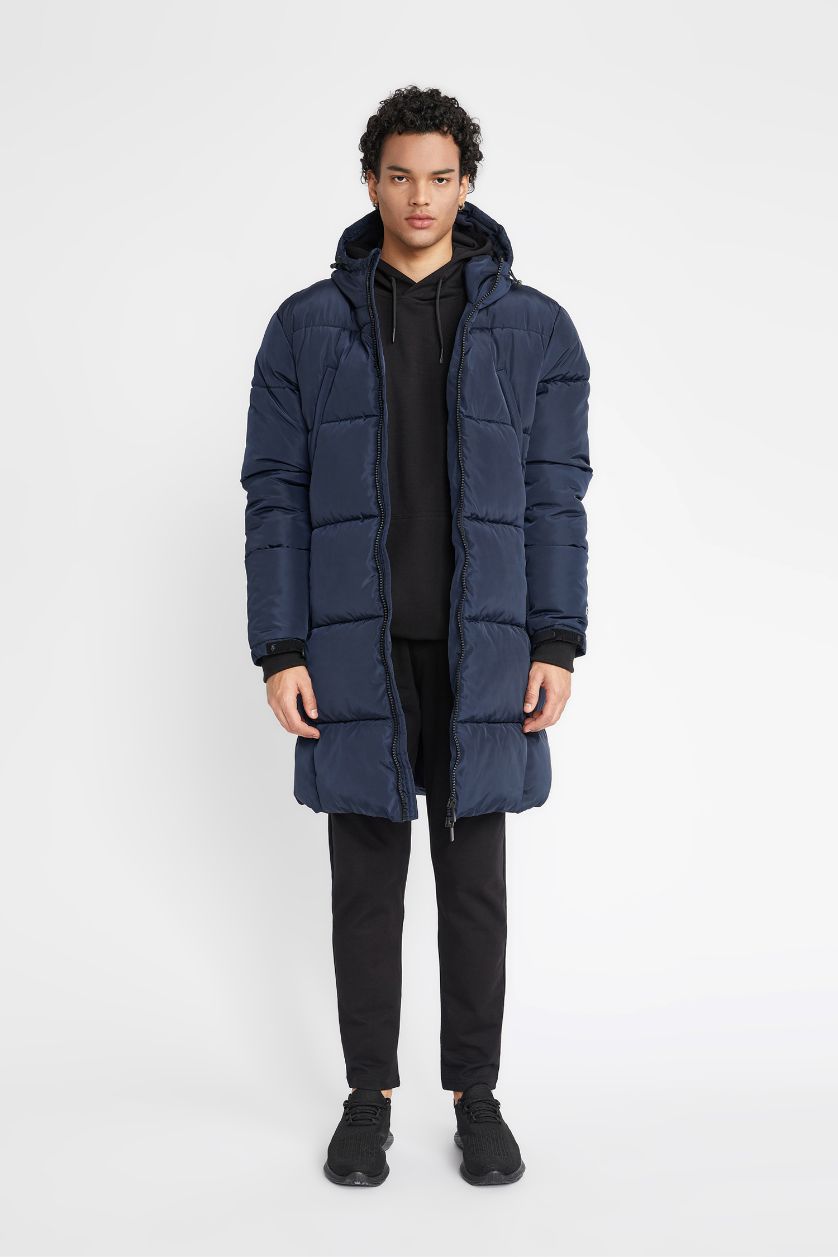 رجالي كحلي جاكيت بامب طويل قصة عادية بكابيشون وبطانة صوفية من DeFactoFit