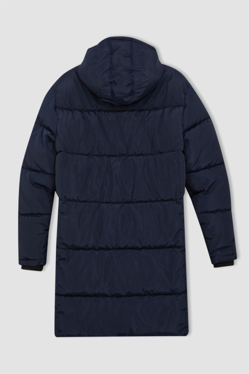 رجالي كحلي جاكيت بامب طويل قصة عادية بكابيشون وبطانة صوفية من DeFactoFit