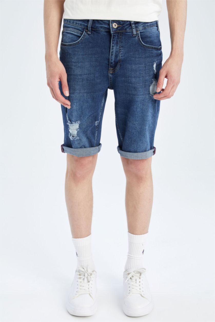 رجال أزرق غامق شورت جينز سليم فيت ممزق