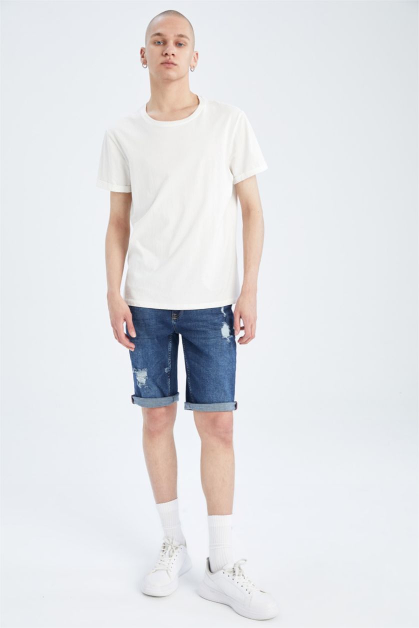 رجال أزرق غامق شورت جينز سليم فيت ممزق