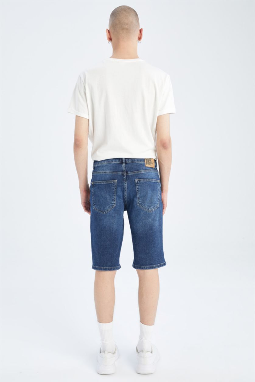 رجال أزرق غامق شورت جينز سليم فيت ممزق