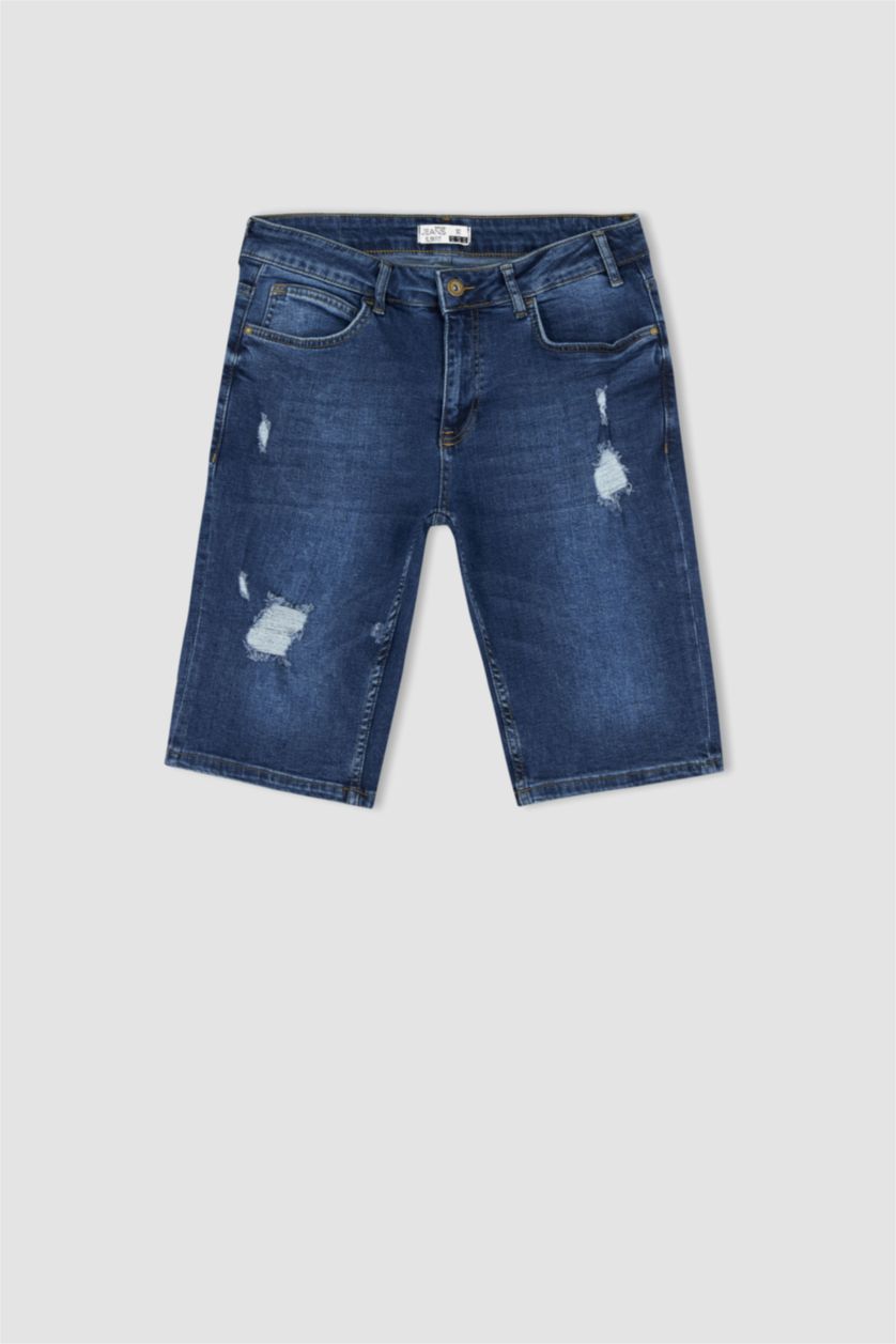 رجال أزرق غامق شورت جينز سليم فيت ممزق