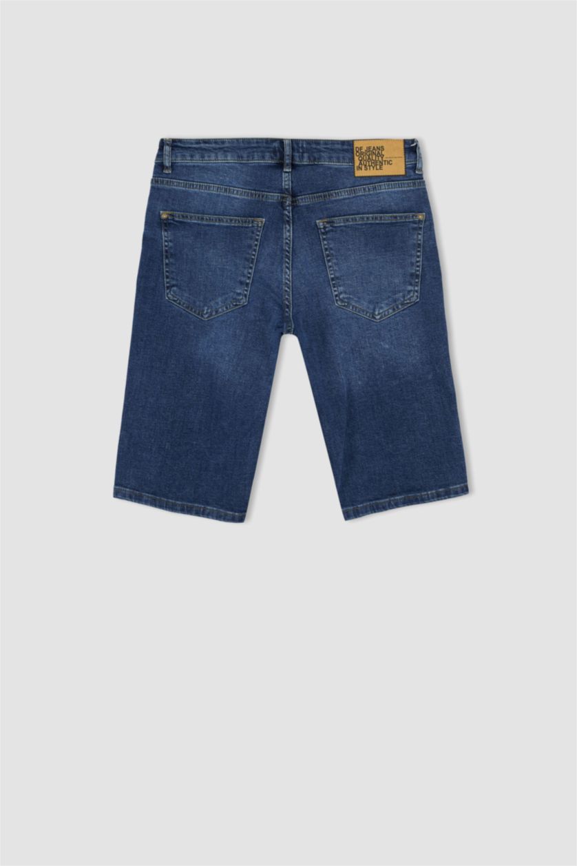 رجال أزرق غامق شورت جينز سليم فيت ممزق