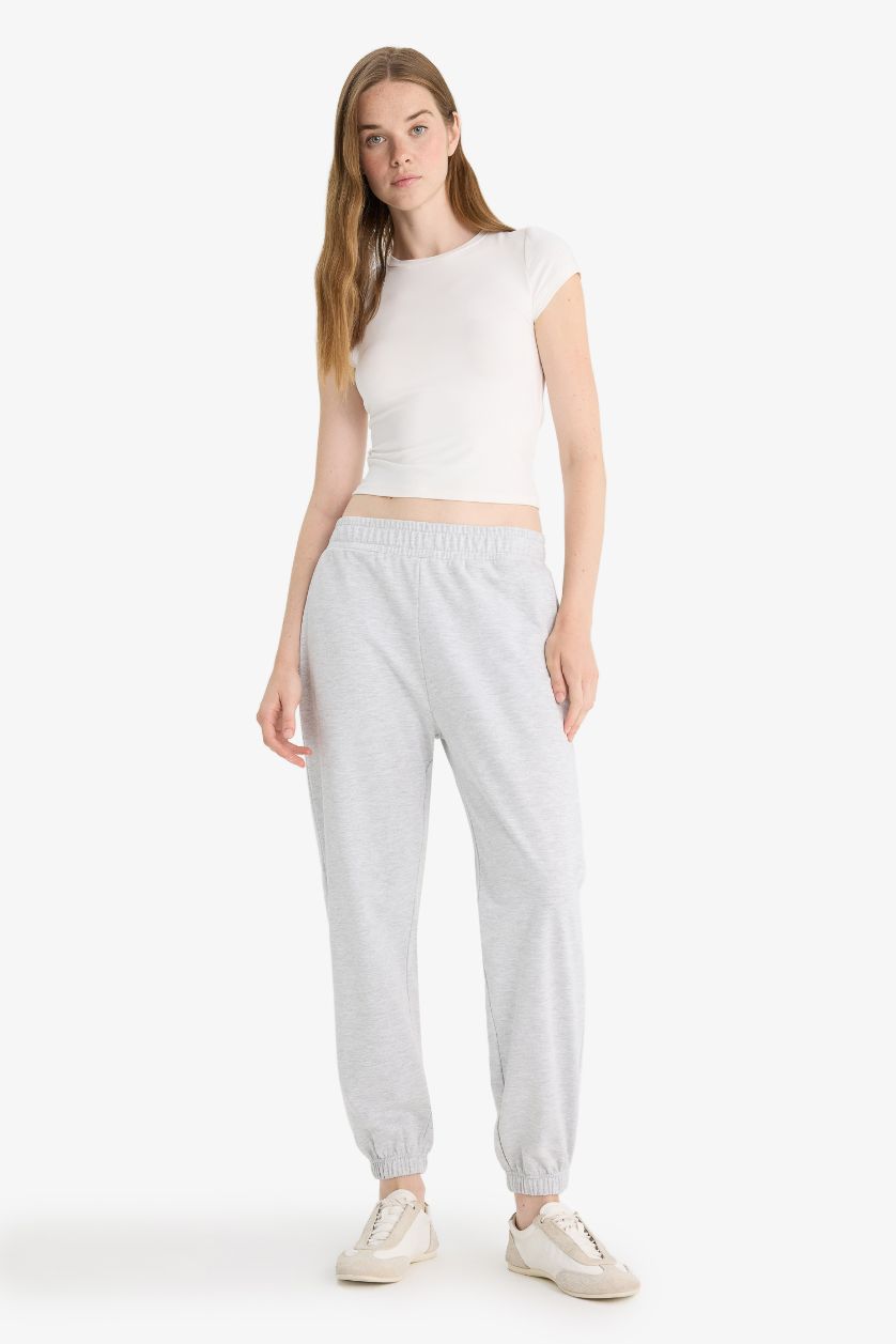 Kadın Gri Melanj Beli Lastikli Jogger Eşofman Altı