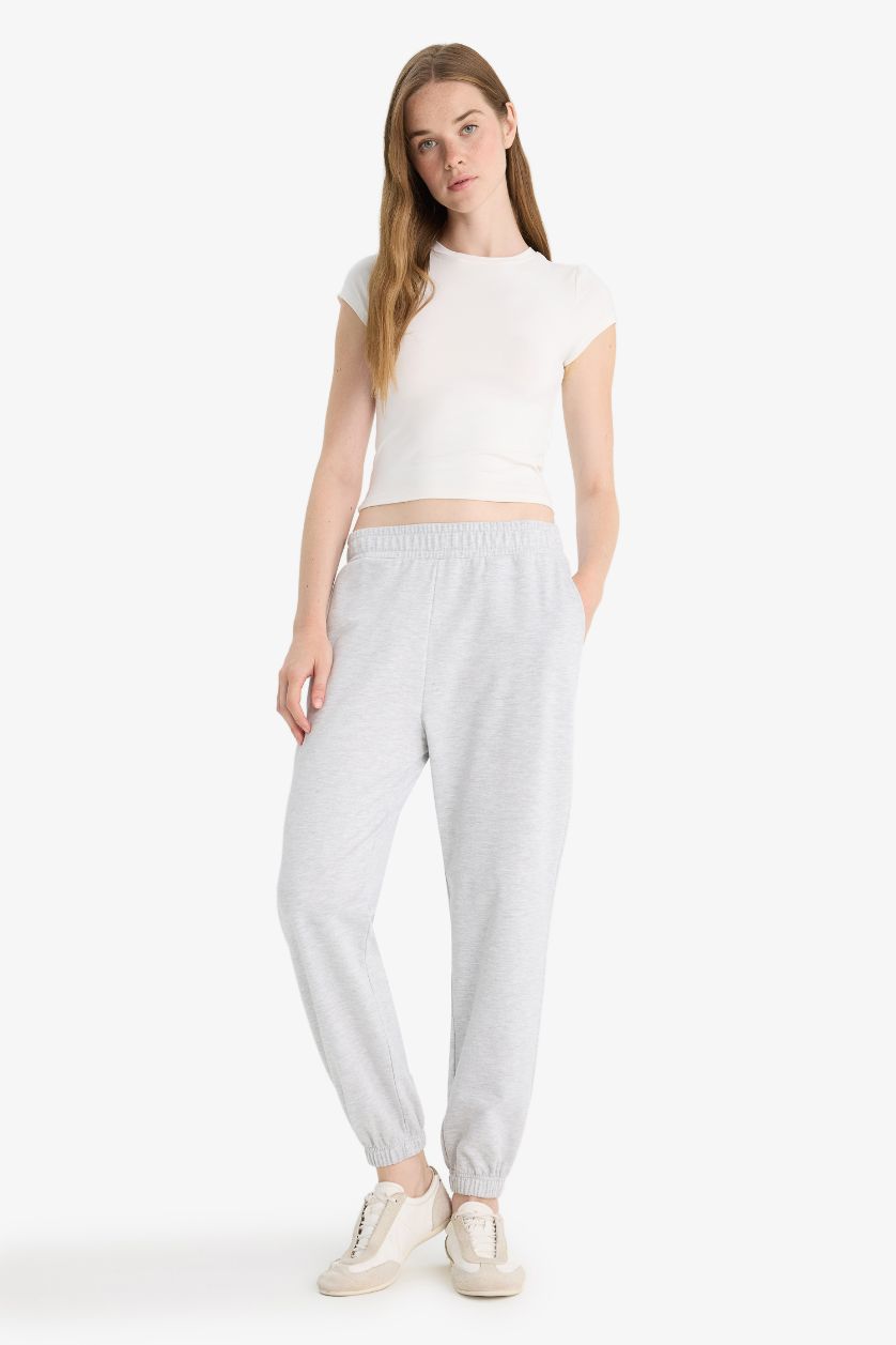 Kadın Gri Melanj Beli Lastikli Jogger Eşofman Altı