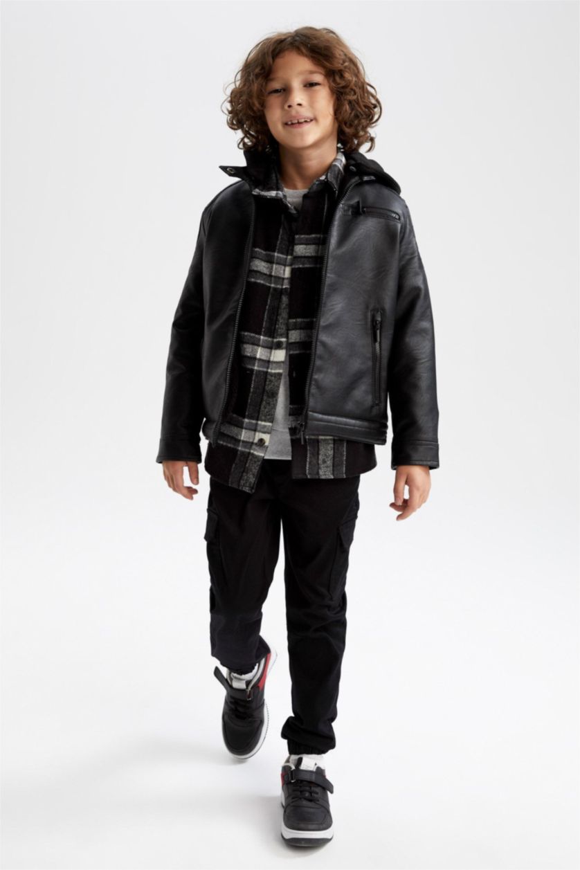 أولاد أسود جاكيت جلد صناعي ولادي بكابيشون قطيفة