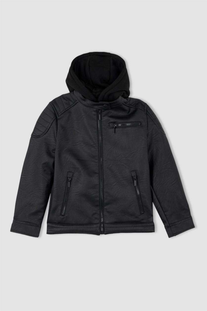 أولاد أسود جاكيت جلد صناعي ولادي بكابيشون قطيفة