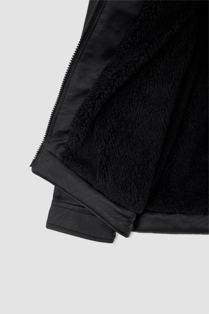 أولاد أسود جاكيت جلد صناعي ولادي بكابيشون قطيفة