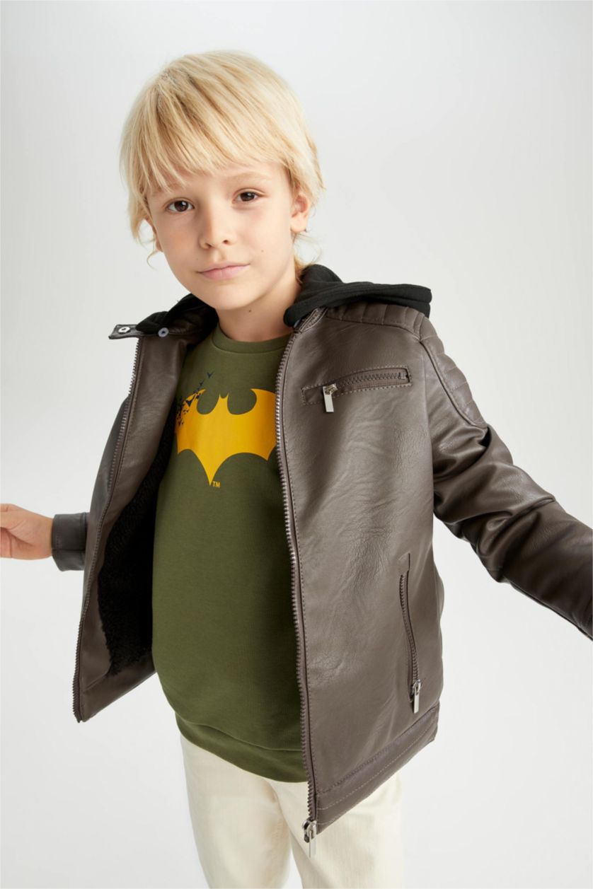 GARÇONS Marron Veste en cuir Coupe Régulière À capuche Peluche Garçon