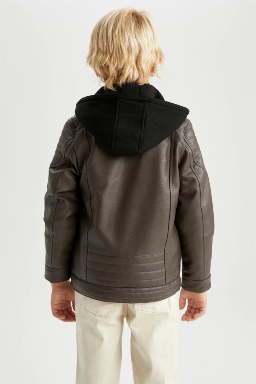 GARÇONS Marron Veste en cuir Coupe Régulière À capuche Peluche Garçon