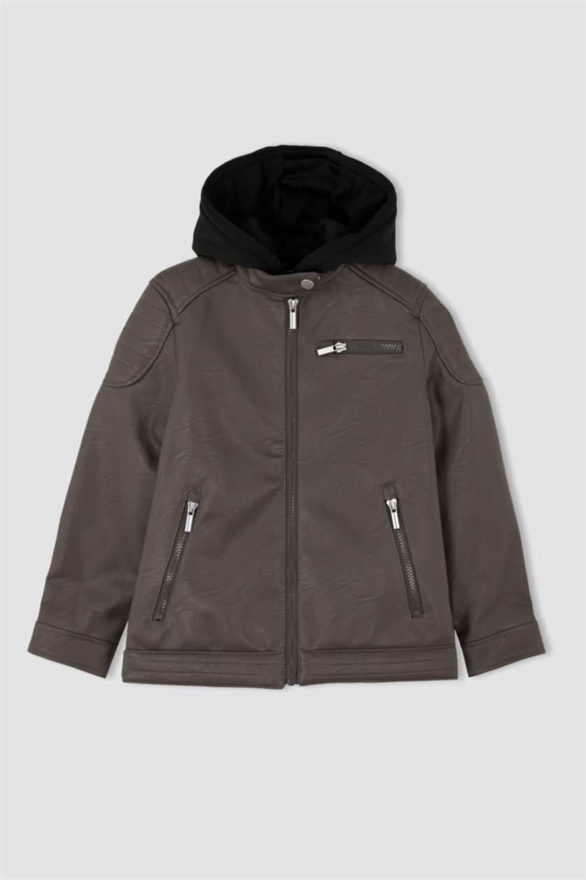 GARÇONS Marron Veste en cuir Coupe Régulière À capuche Peluche Garçon