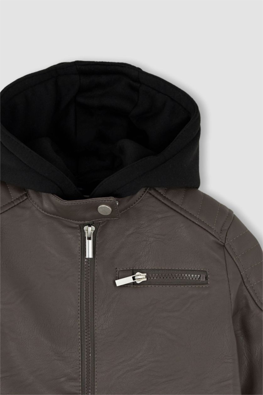 GARÇONS Marron Veste en cuir Coupe Régulière À capuche Peluche Garçon