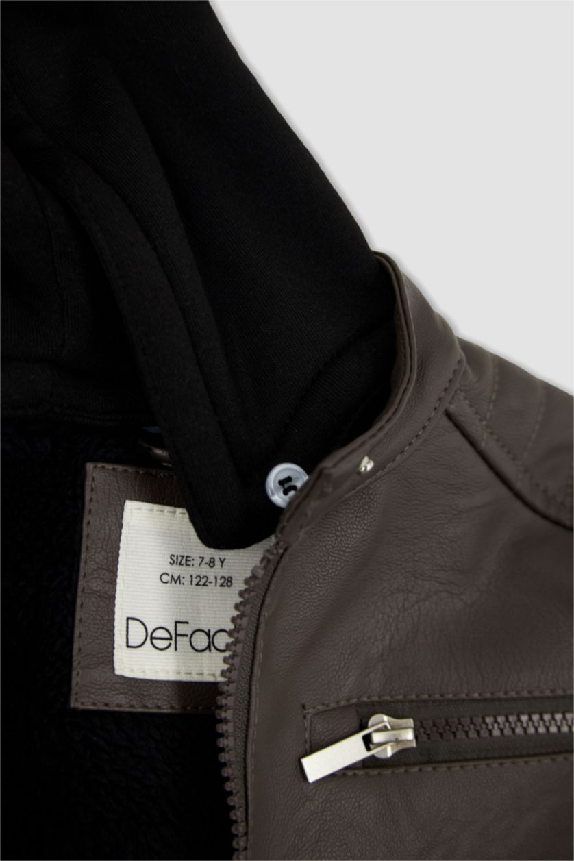 GARÇONS Marron Veste en cuir Coupe Régulière À capuche Peluche Garçon