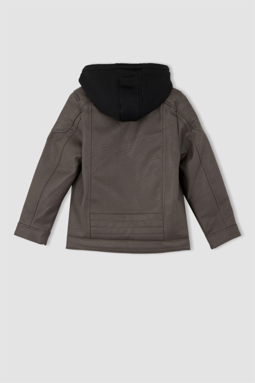 GARÇONS Marron Veste en cuir Coupe Régulière À capuche Peluche Garçon