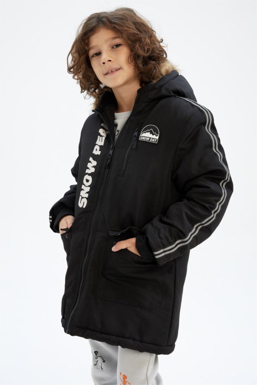 Erkek Çocuk - Genç Erkek Siyah Kapüşonlu Pelüş Astar Parka Erkek Çocuk