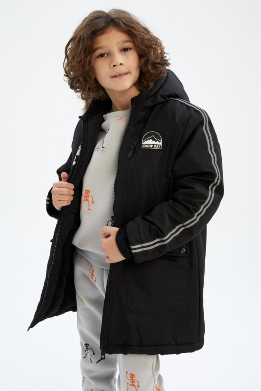 Erkek Çocuk - Genç Erkek Siyah Kapüşonlu Pelüş Astar Parka Erkek Çocuk