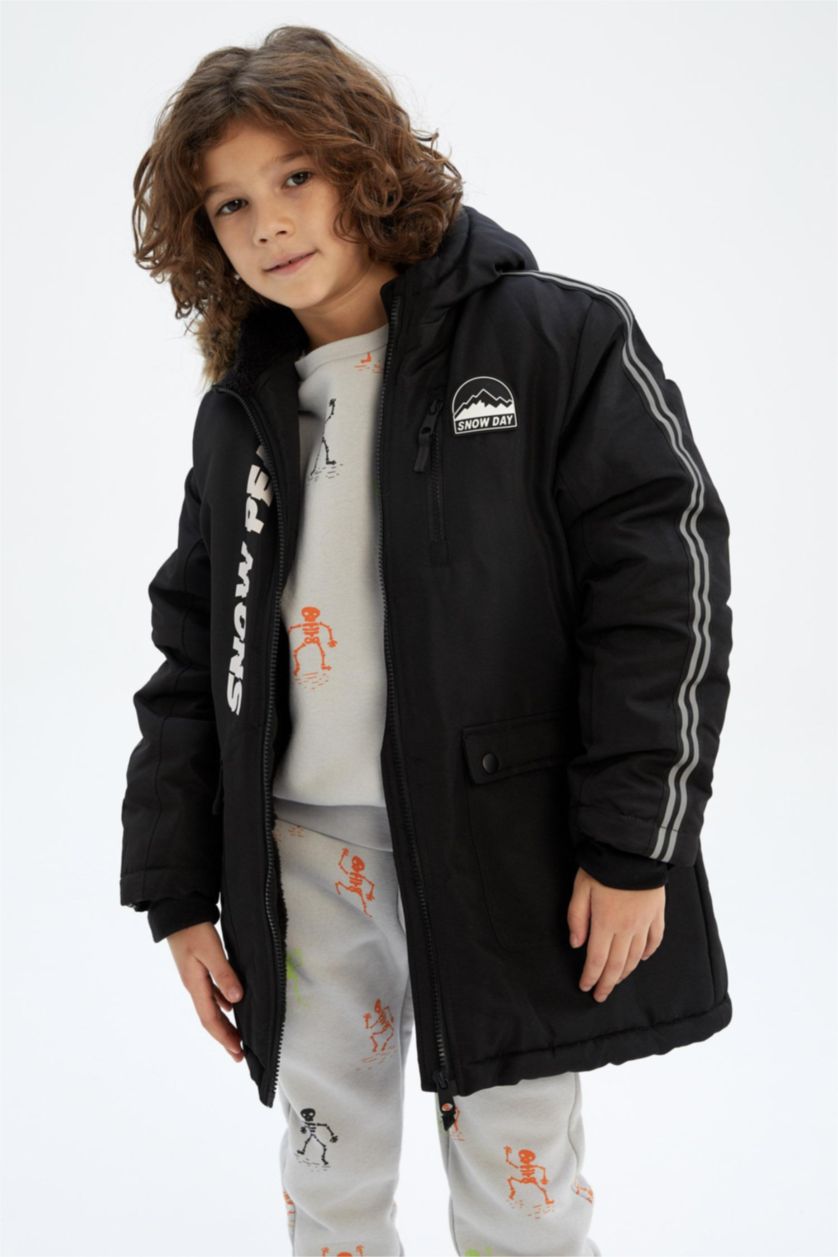 Erkek Çocuk - Genç Erkek Siyah Kapüşonlu Pelüş Astar Parka Erkek Çocuk