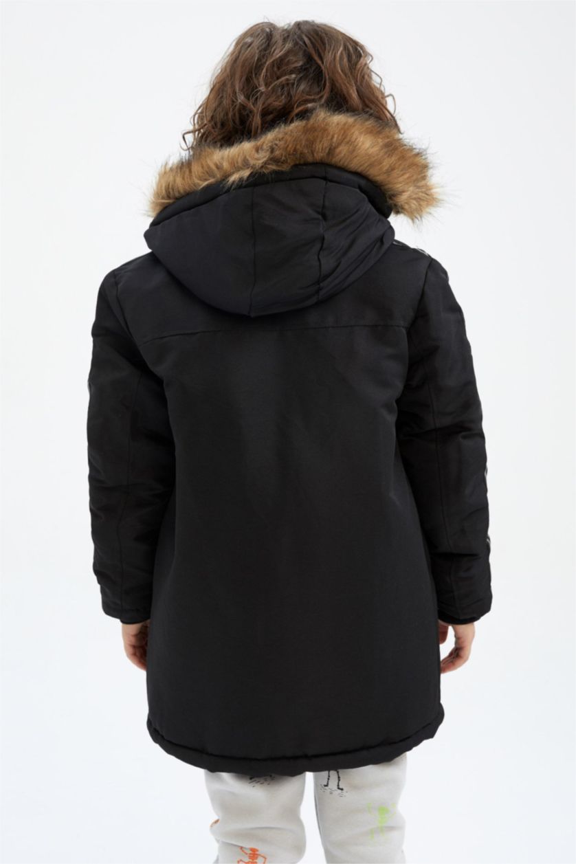 Erkek Çocuk - Genç Erkek Siyah Kapüşonlu Pelüş Astar Parka Erkek Çocuk