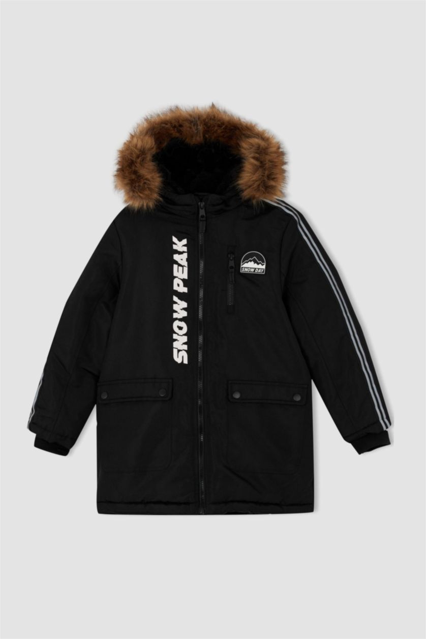 Erkek Çocuk - Genç Erkek Siyah Kapüşonlu Pelüş Astar Parka Erkek Çocuk