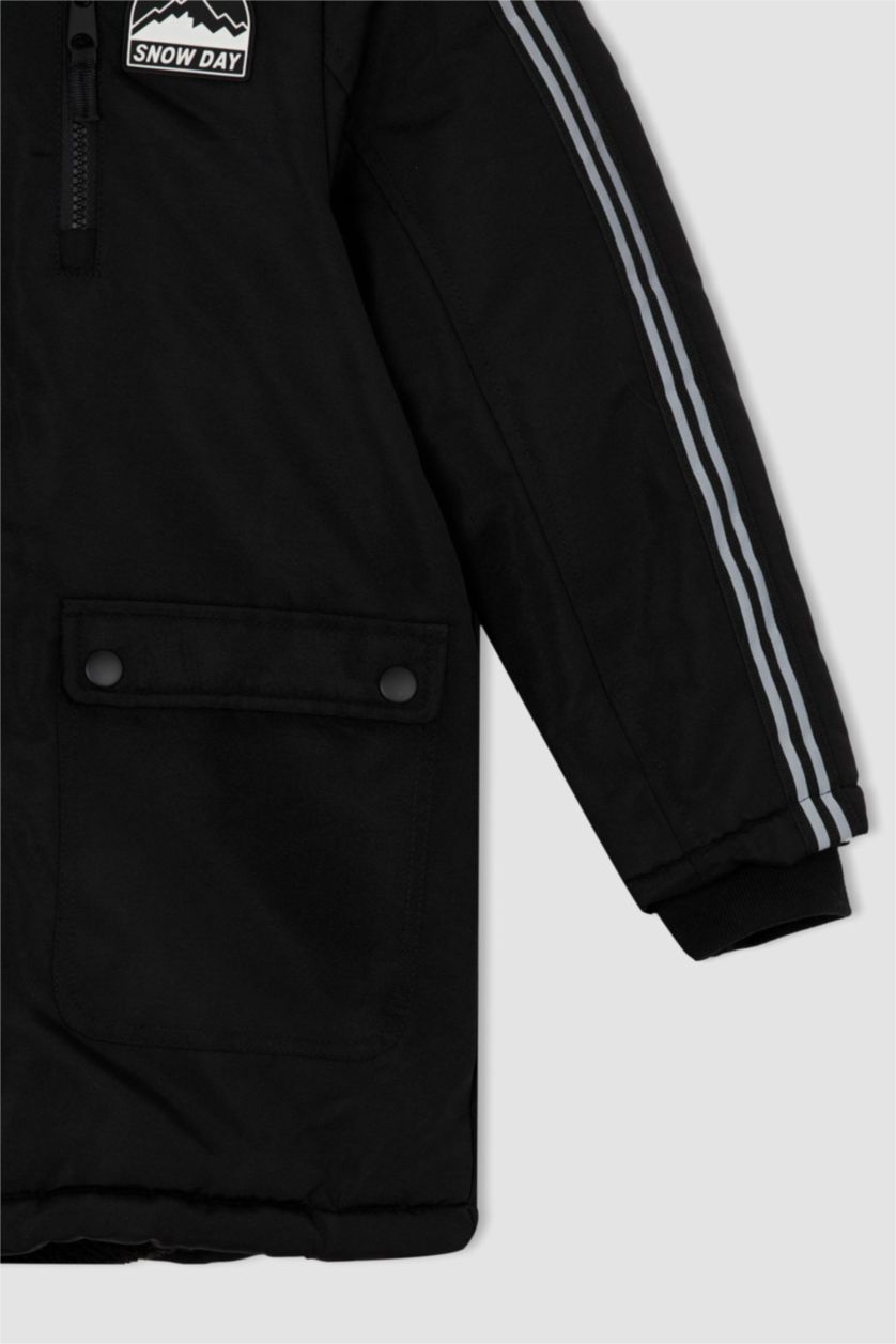 Erkek Çocuk - Genç Erkek Siyah Kapüşonlu Pelüş Astar Parka Erkek Çocuk