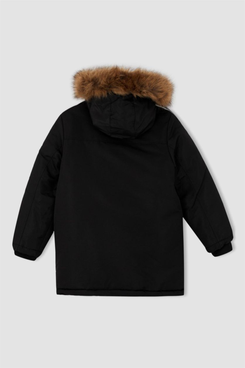 Erkek Çocuk - Genç Erkek Siyah Kapüşonlu Pelüş Astar Parka Erkek Çocuk