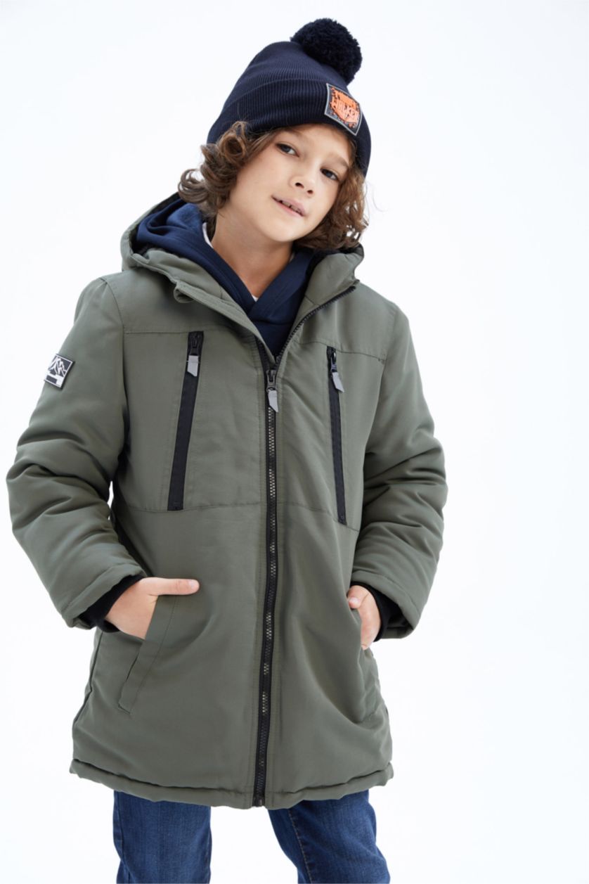 BOYS & TEENS Dark Khaki Boy Plush Lined Hooded Puffer Jacket