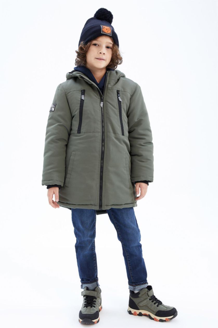 BOYS & TEENS Dark Khaki Boy Plush Lined Hooded Puffer Jacket